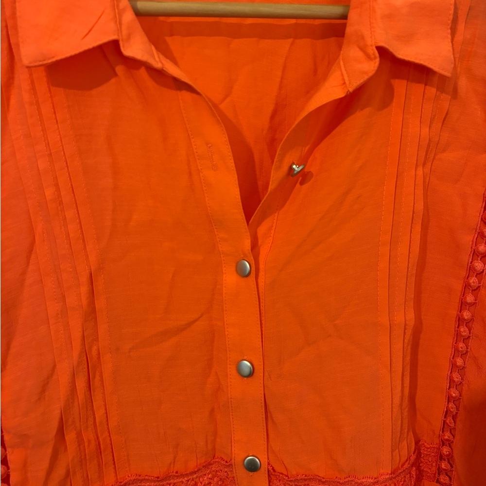 Notations Orange Button Up Blouse With Pintucks A… - image 4